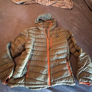 Men's Olive Puffer Jacket with Orange Accents
